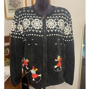 Vintage Chenille Cardigan Sweater Ice Skater Nordic Fair Isle Cottagecore Winter